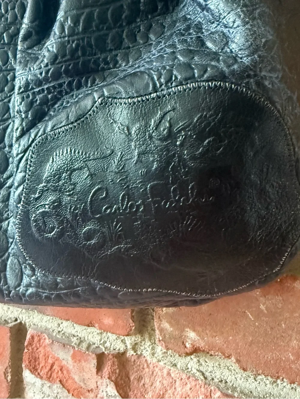 Vintage Carlos Falchi Black Crocodile Embossed Leather Slouchy Shoulder Bag